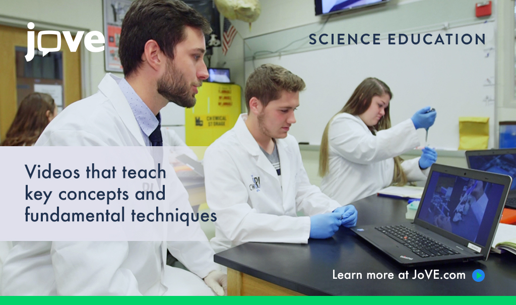 JoVE database promotional page; three people in lab coats conducting experiments in a laboratory setting