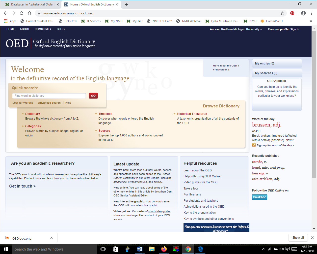 Main web page for Oxford English Dictionary 