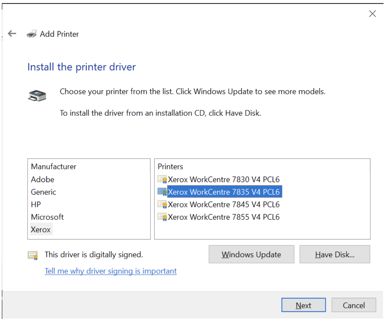 Screenshot of a list of printer drivers in the windows dialogue box.