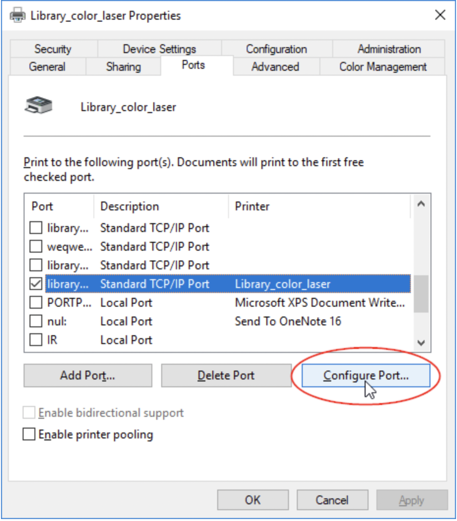 A windows dialog showing printer properties while Configure port... button is highlighted.