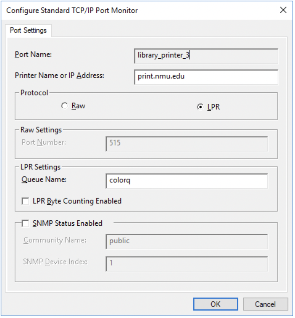 A port setting windows dialog showing port name, IP address and queue name filled with correct data.