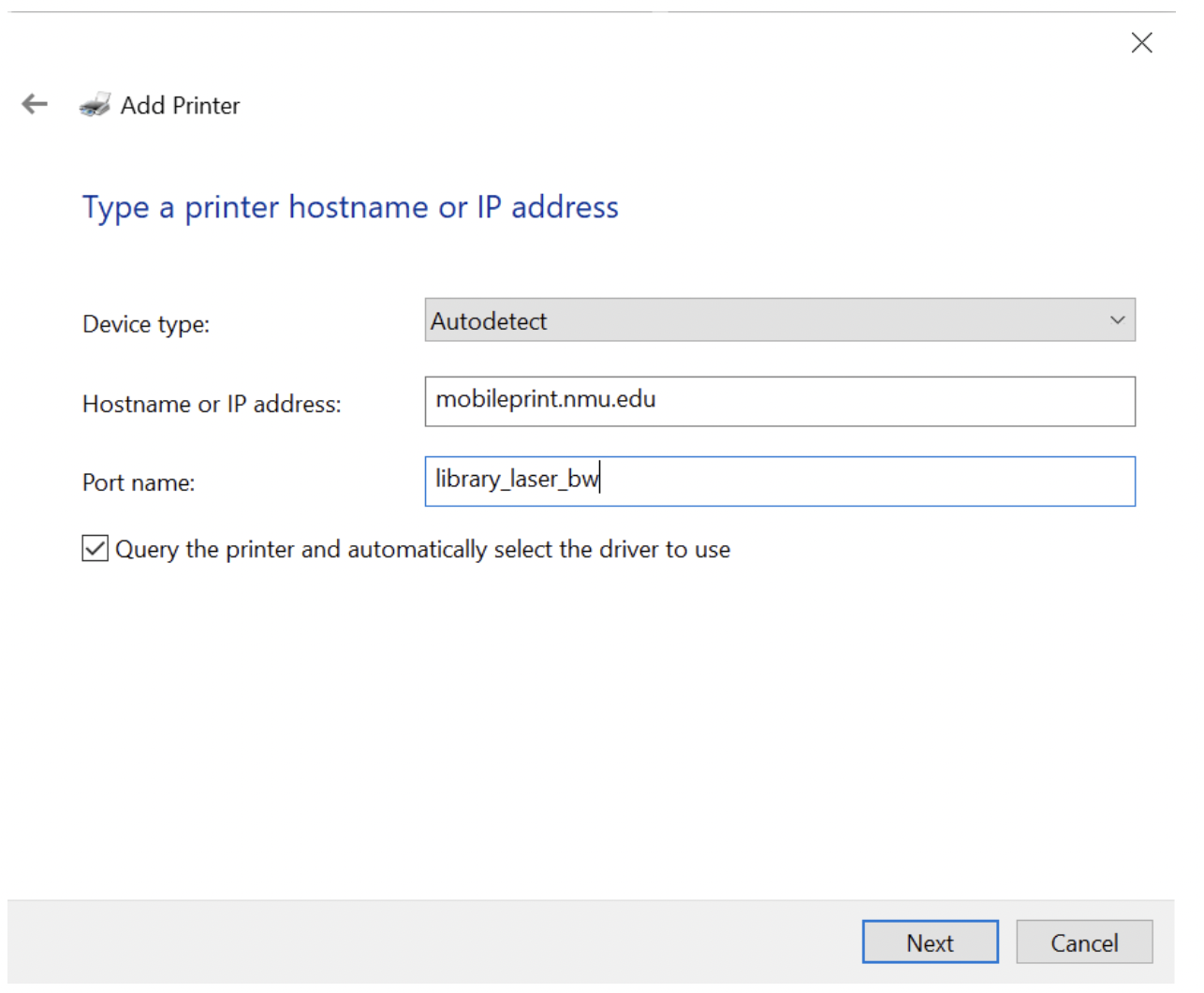 Screenshot of windows dialogue box requesting the user to input various pieces of info regarding the printer's port name and settings.