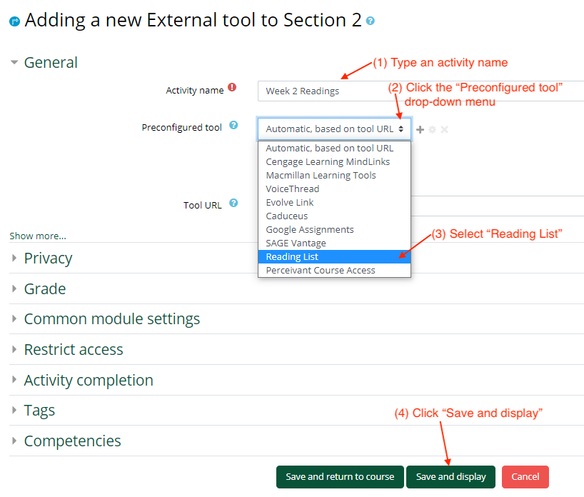 Step 4: Name the tool, choose Reading List. Then save and display