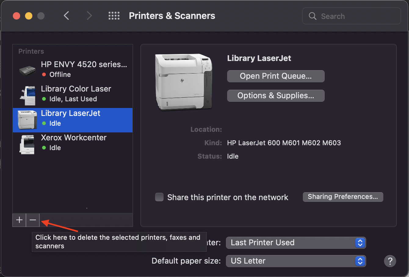 Printers and Scanners config menu