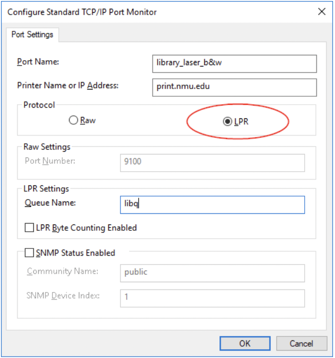 A port setting windows dialog showing port name, IP address and queue name filled with correct data.