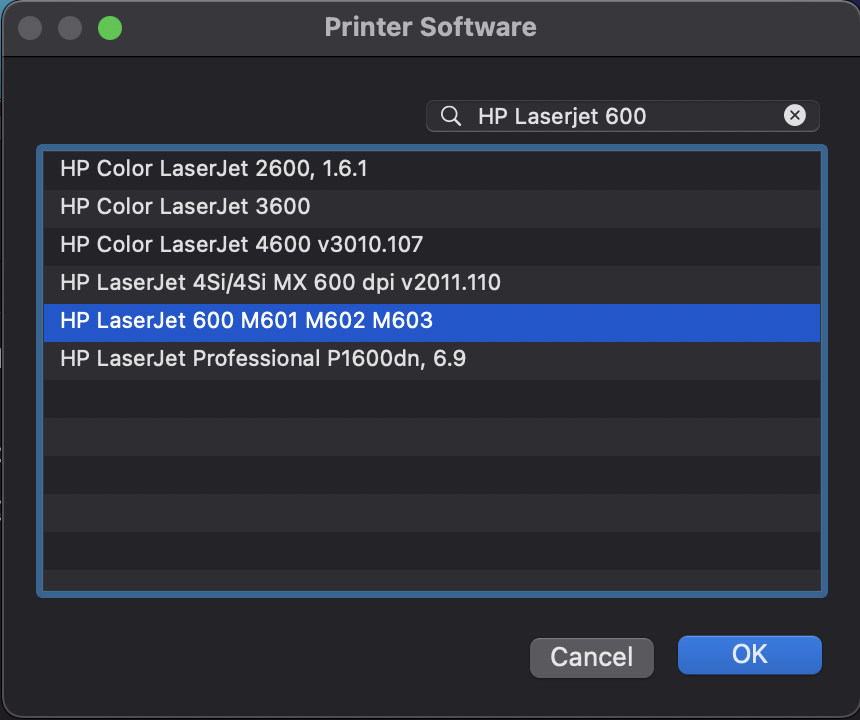 Printer selection dialog