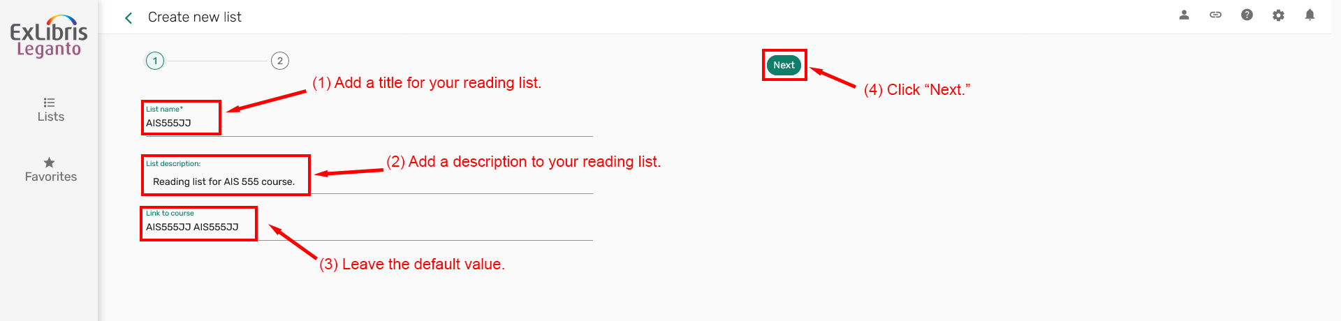 Leganto form showing title, description, course link, and Next button for a new reading list.