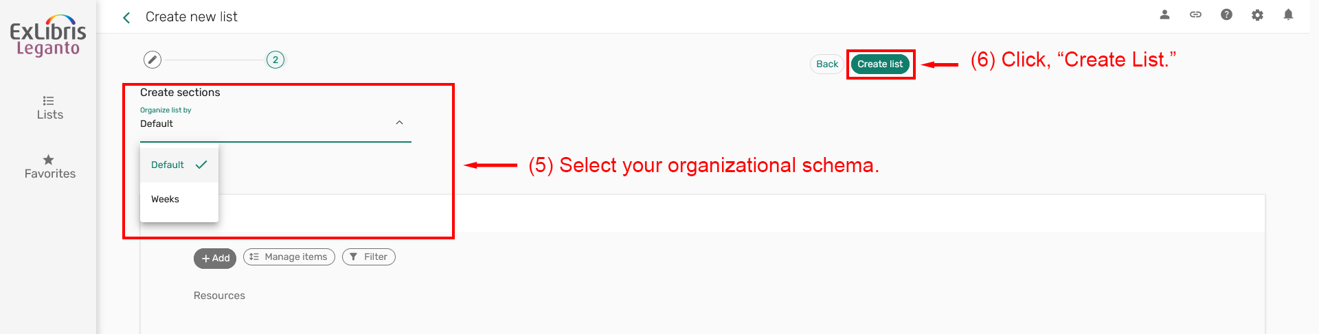 Leganto list setup showing organization options and the Create list button.