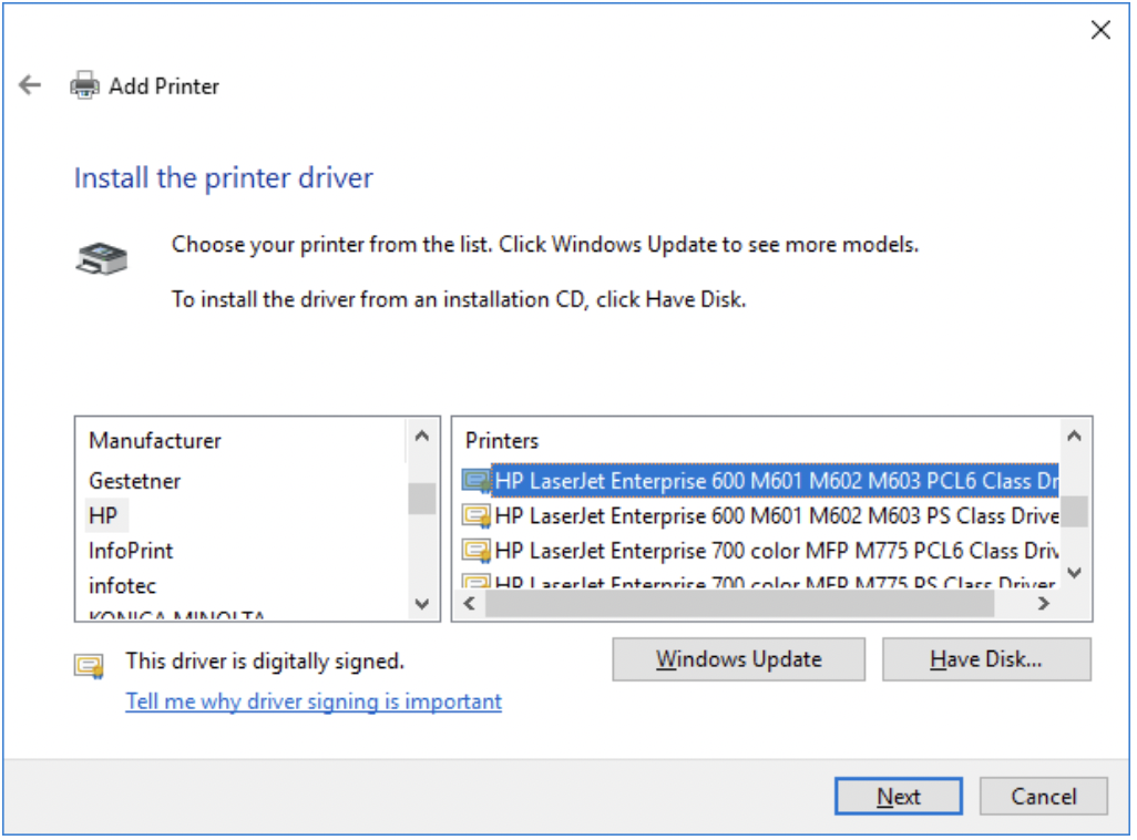 Screenshot of a list of printer drivers in the windows dialogue box.