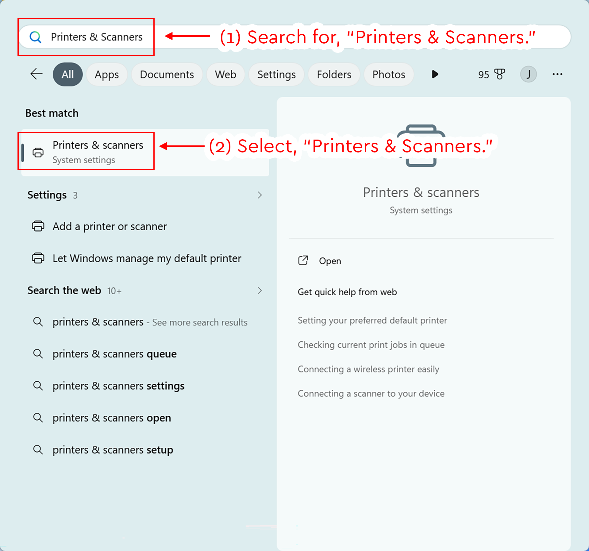 Windows 11 Search showing Printers & scanners highlighted after searching Printers & Scanners.