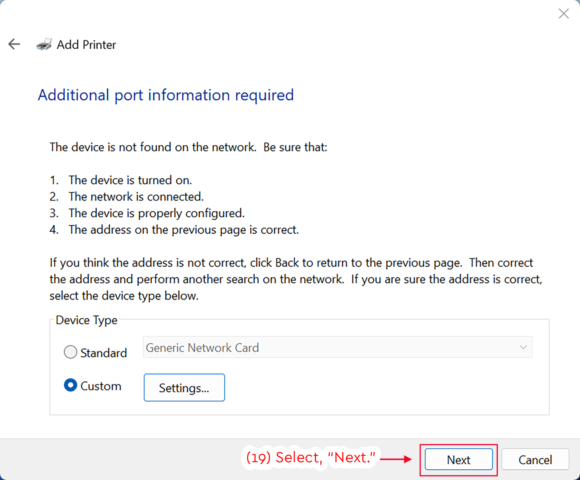 Add Printer screen with Custom selected and the Next button highlighted.