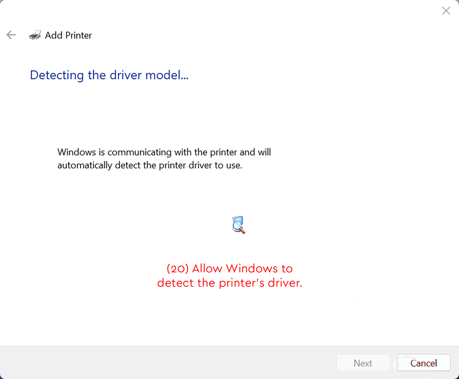 Add Printer screen detecting the printer driver model with instruction to wait.