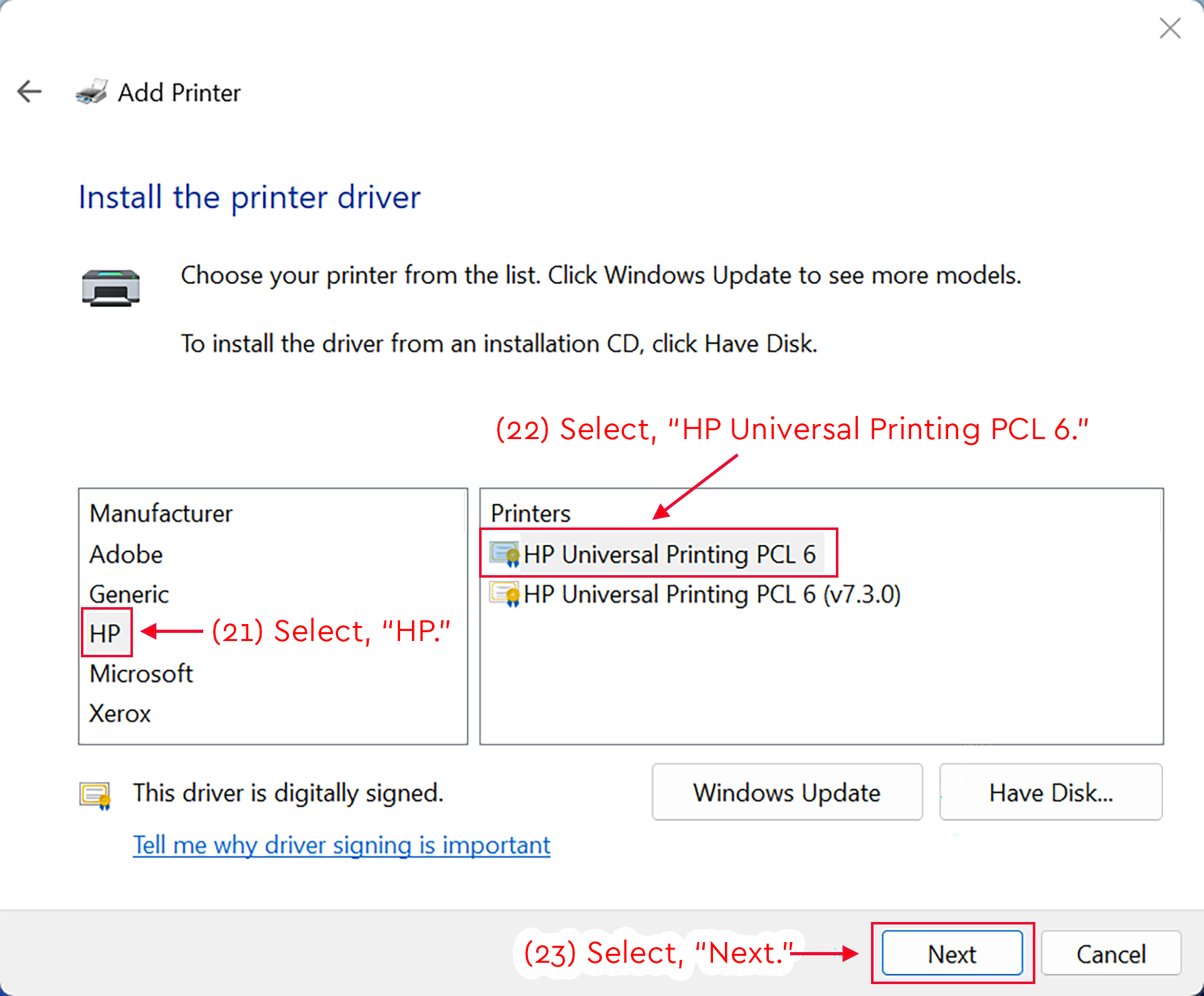 Windows Add Printer window with HP Universal Printing PCL 6 selected.