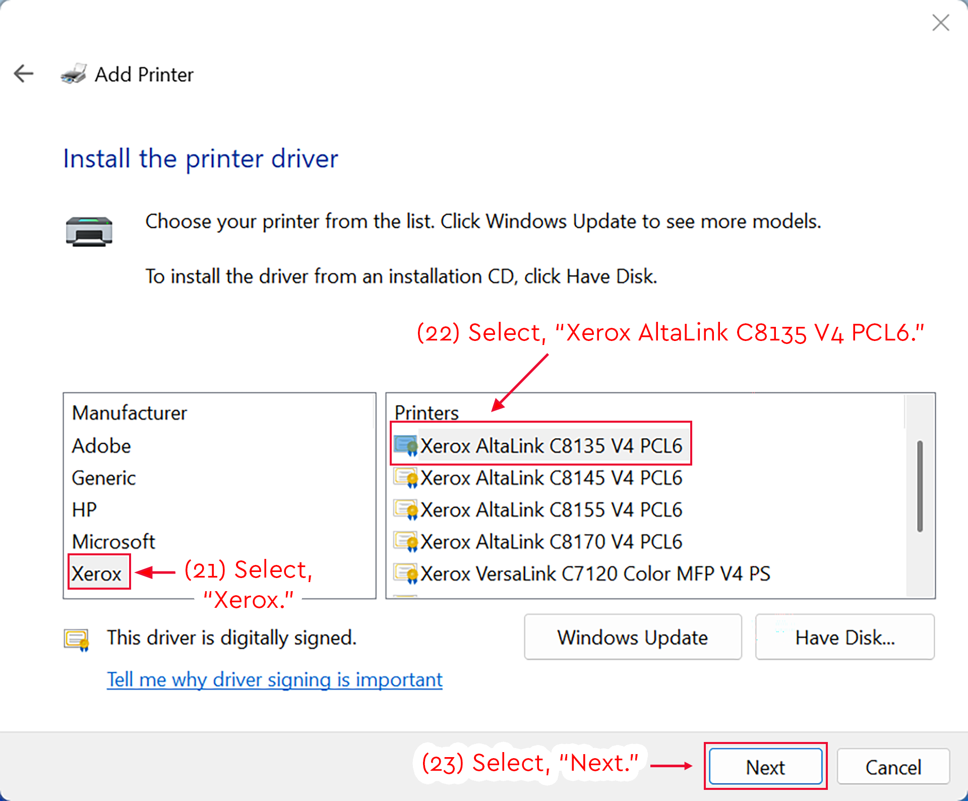 Windows Add Printer window with Xerox AltaLink C8135 V4 PCL6 selected.