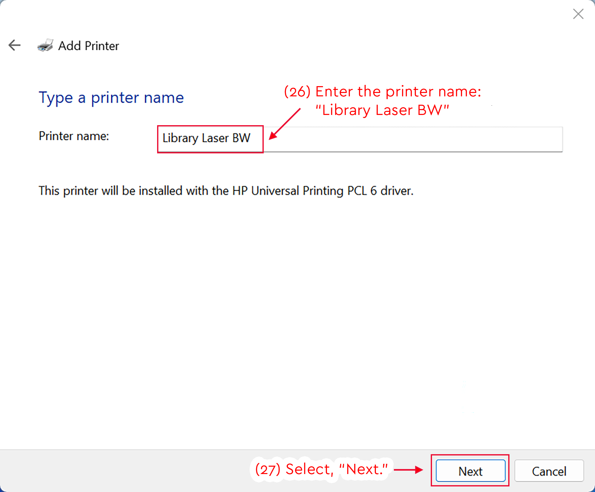 Add Printer screen with Library Laser BW entered and Next highlighted.