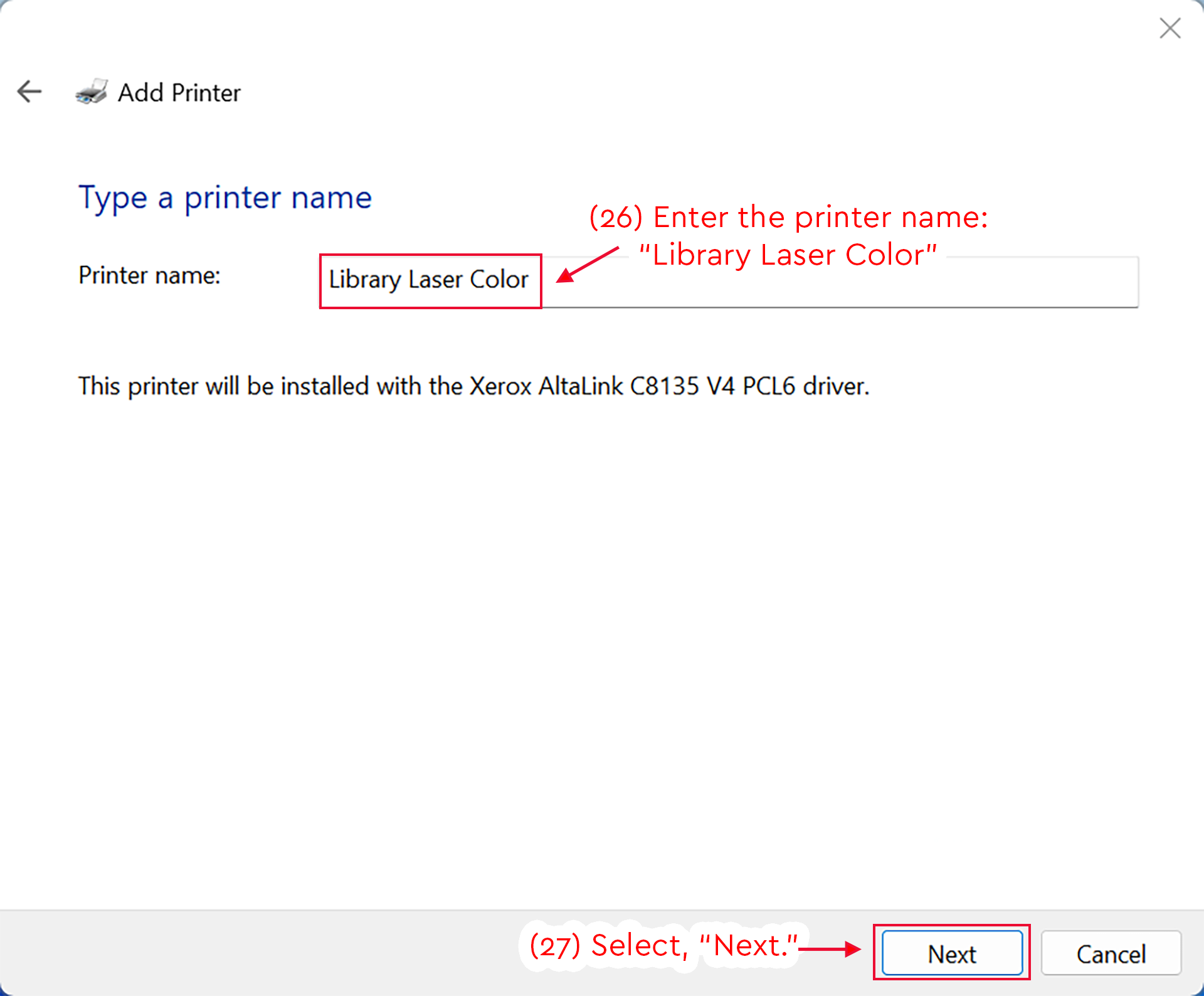 Add Printer screen with Library Laser Color entered and Next highlighted.