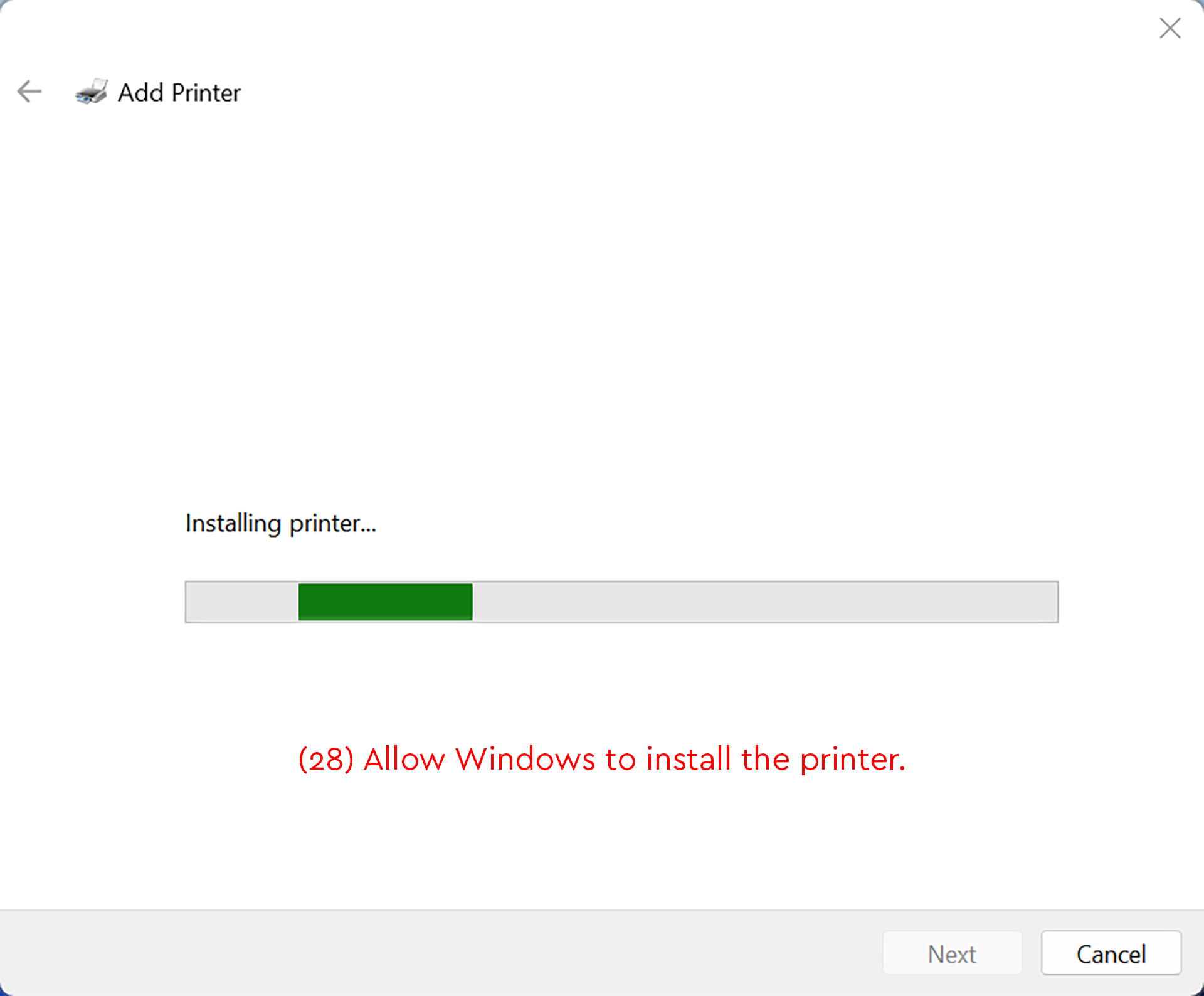 Add Printer window showing installation progress for Library Laser BW.