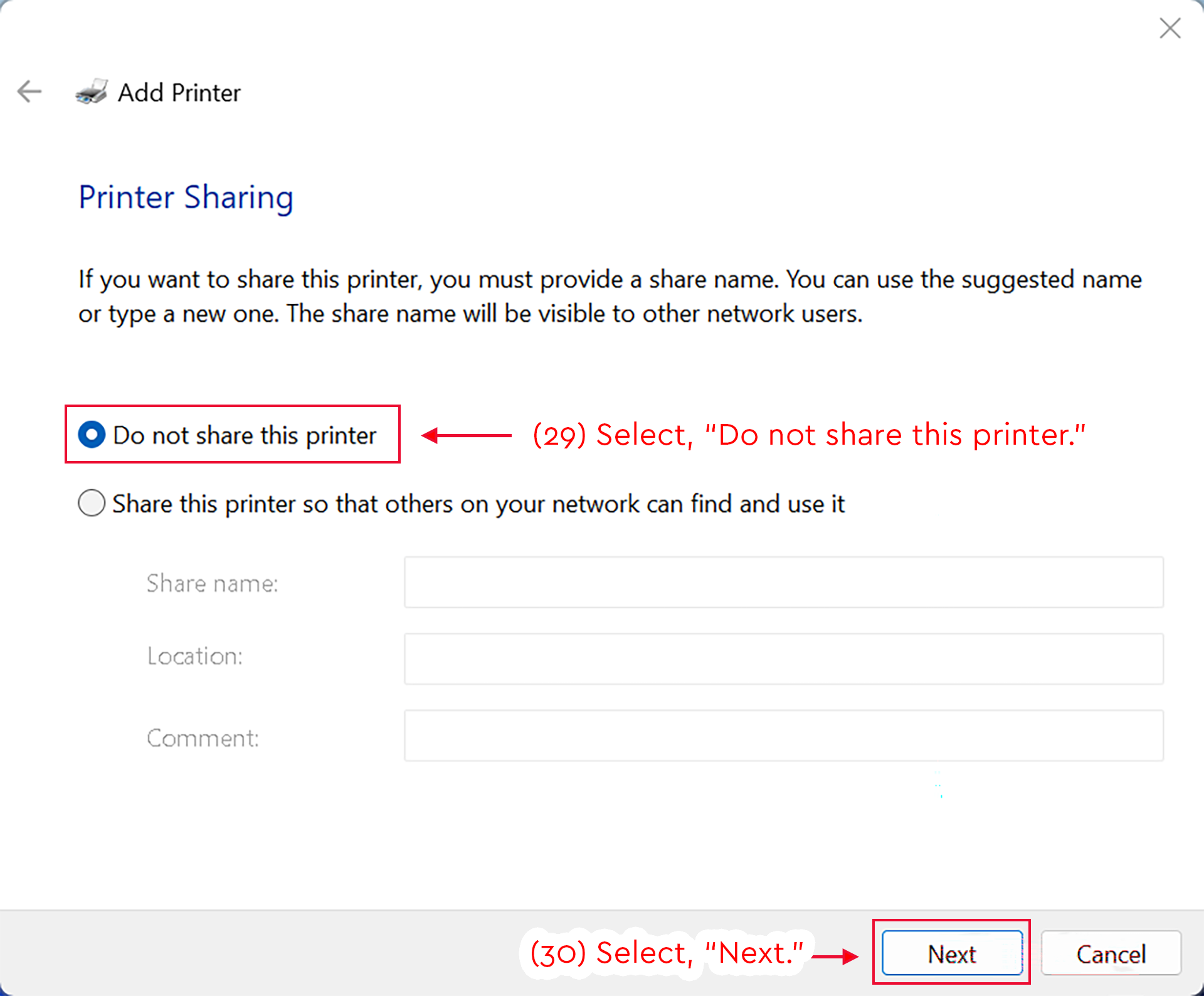 Add Printer screen with Do not share this printer selected and Next highlighted.