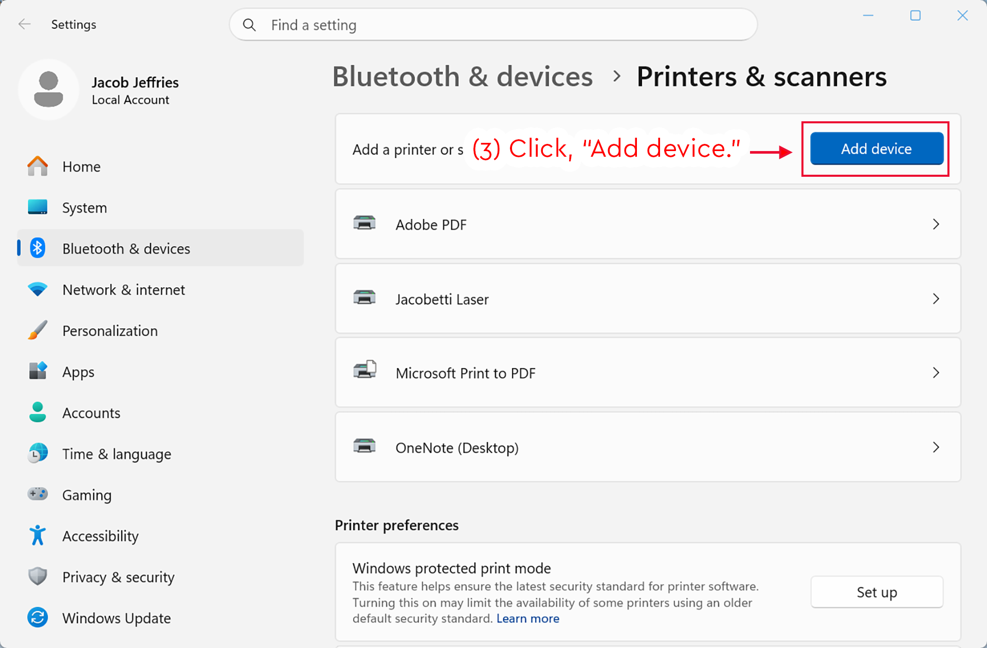 Windows 11 Printers & scanners settings with the Add device button highlighted.