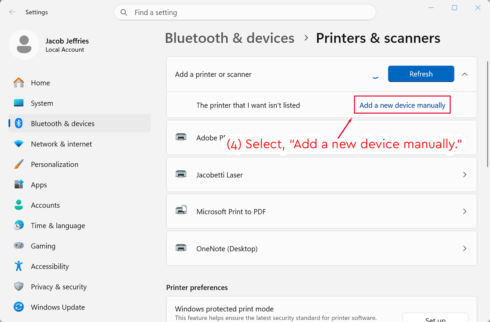 Windows 11 Printers & scanners settings with Add a new device manually highlighted.