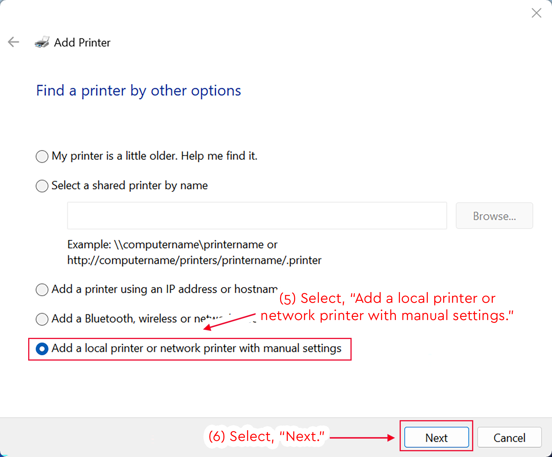 Windows Add Printer window with manual printer setup selected and the Next button highlighted.
