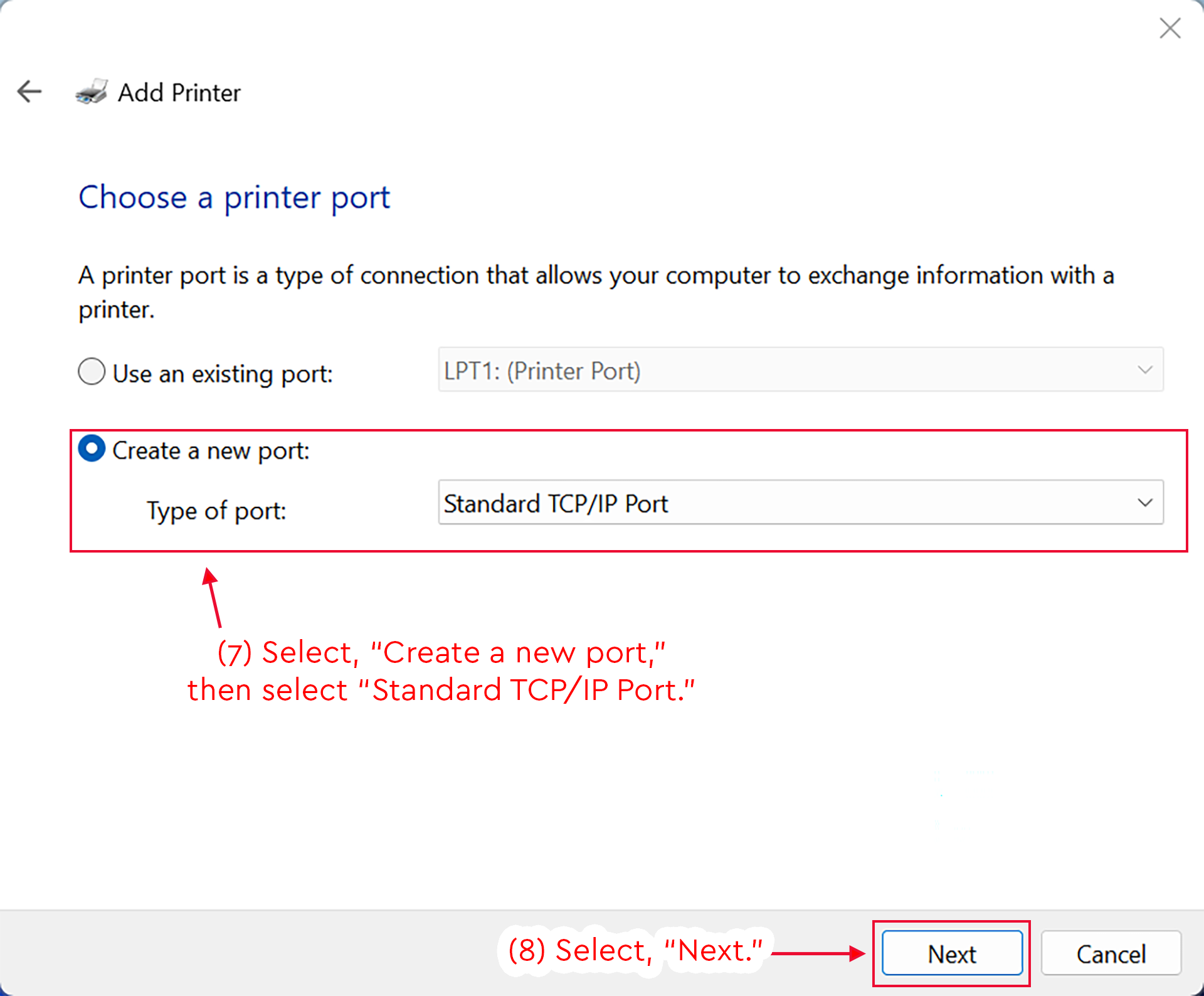Windows Add Printer screen with Create a new port and Standard TCP/IP Port selected.