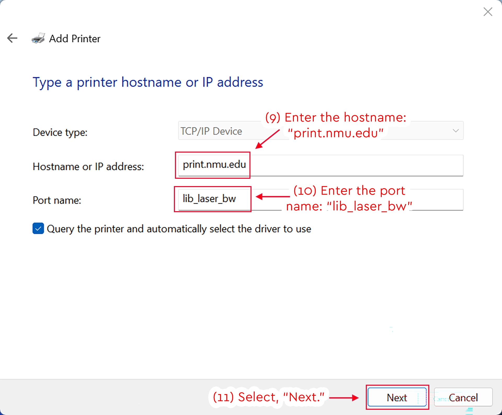 Add Printer screen with print.nmu.edu and lib_laser_bw entered, and Next highlighted.