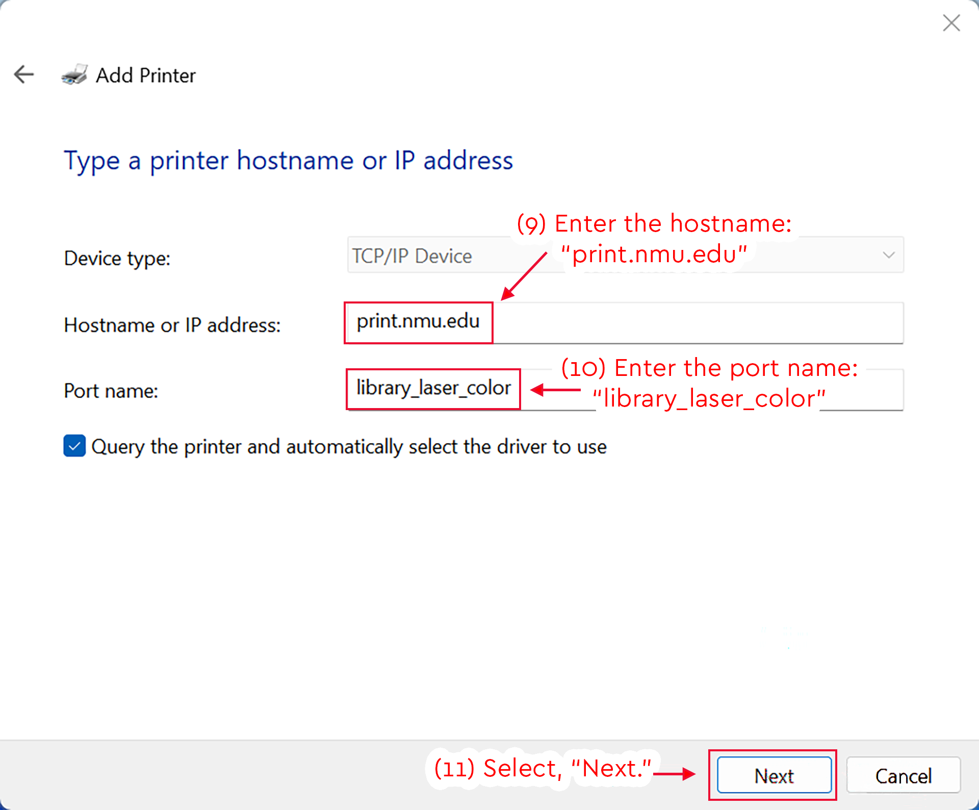 Add Printer screen with print.nmu.edu and library_laser_color entered.