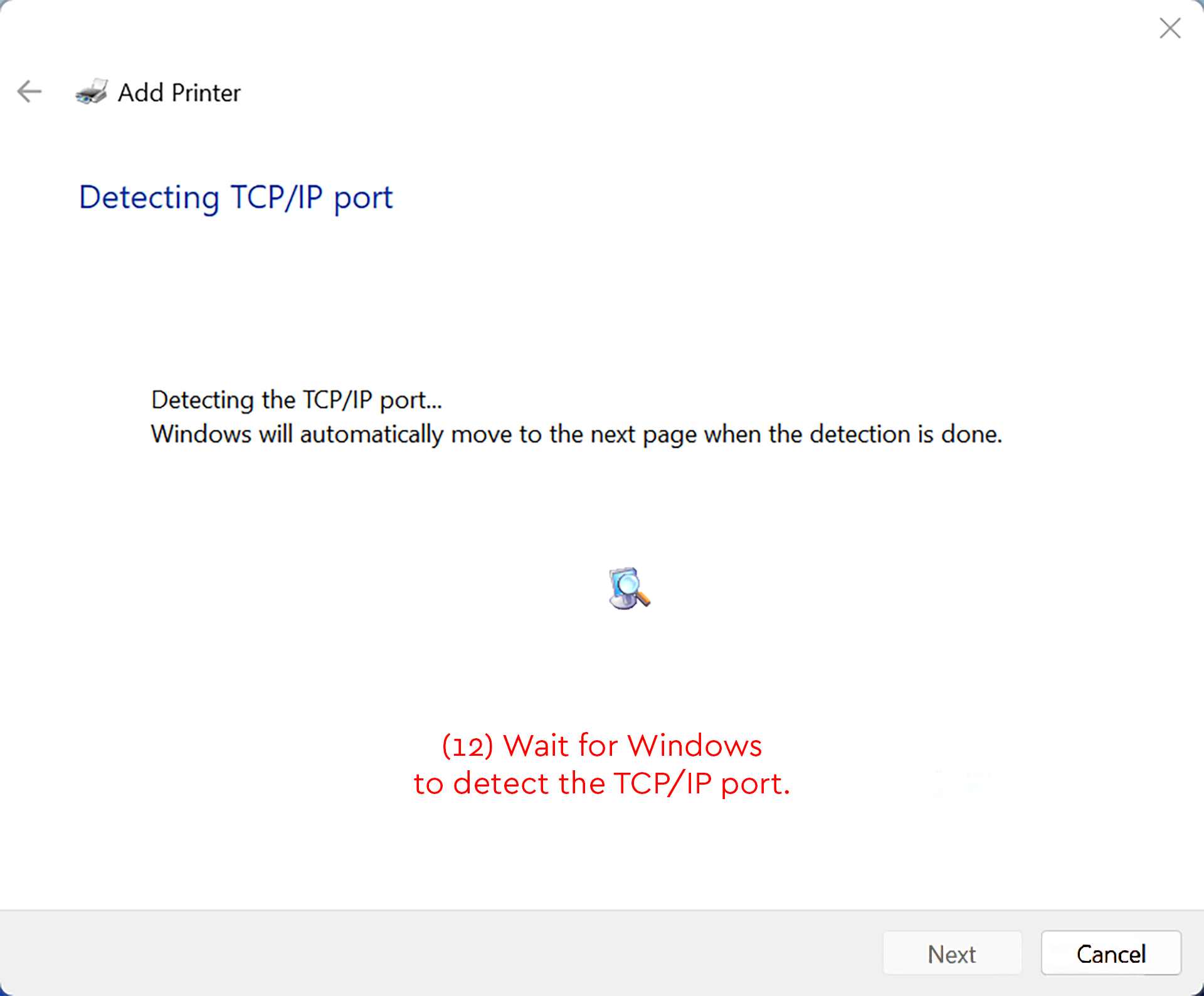 Windows Add Printer screen detecting the TCP/IP port and instructing the user to wait.