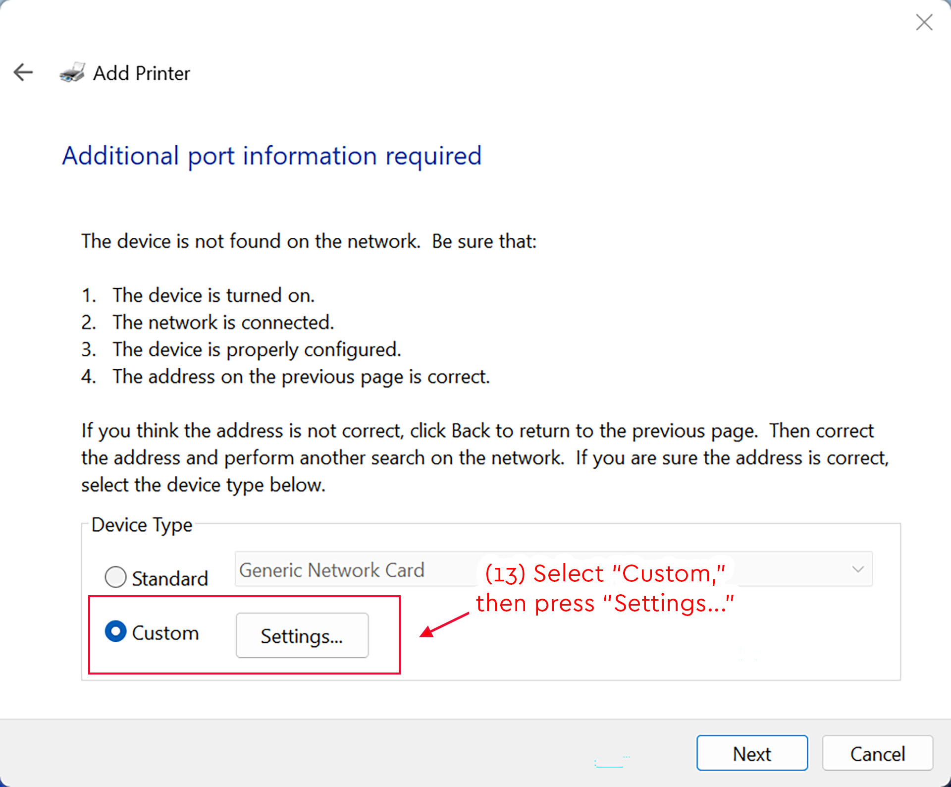 Add Printer screen with Custom selected and the Settings button highlighted.