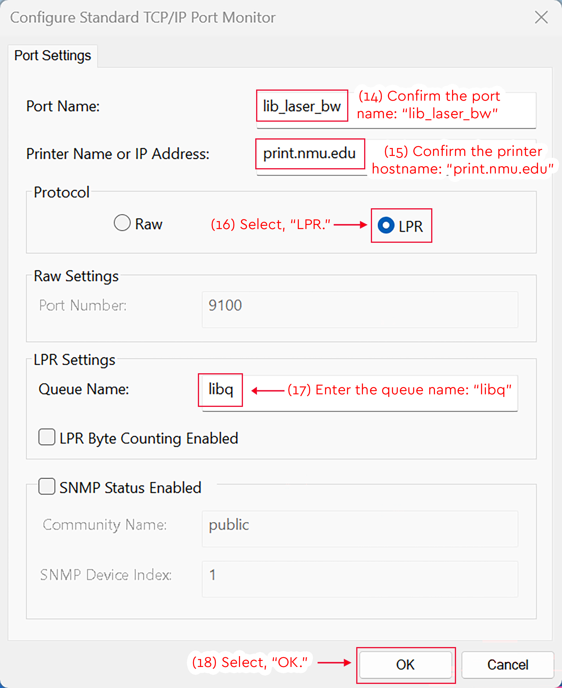 TCP/IP Port Monitor settings showing LPR selected and OK highlighted.