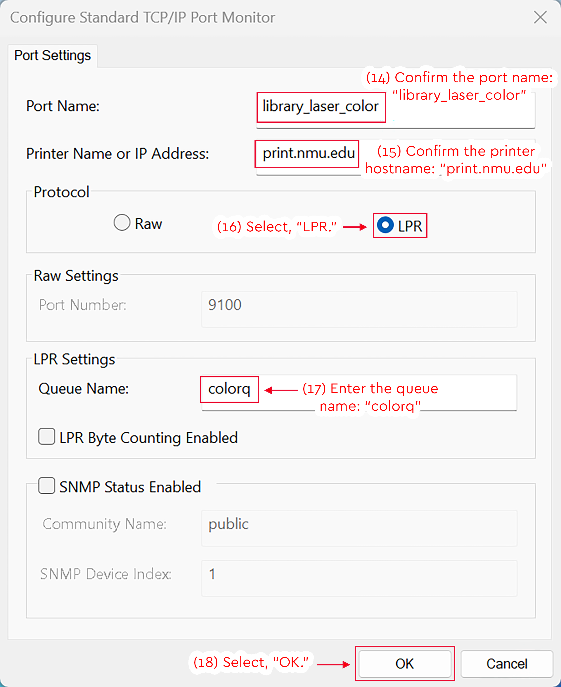 TCP/IP Port Monitor settings with color printer port, LPR, colorq, and OK highlighted.