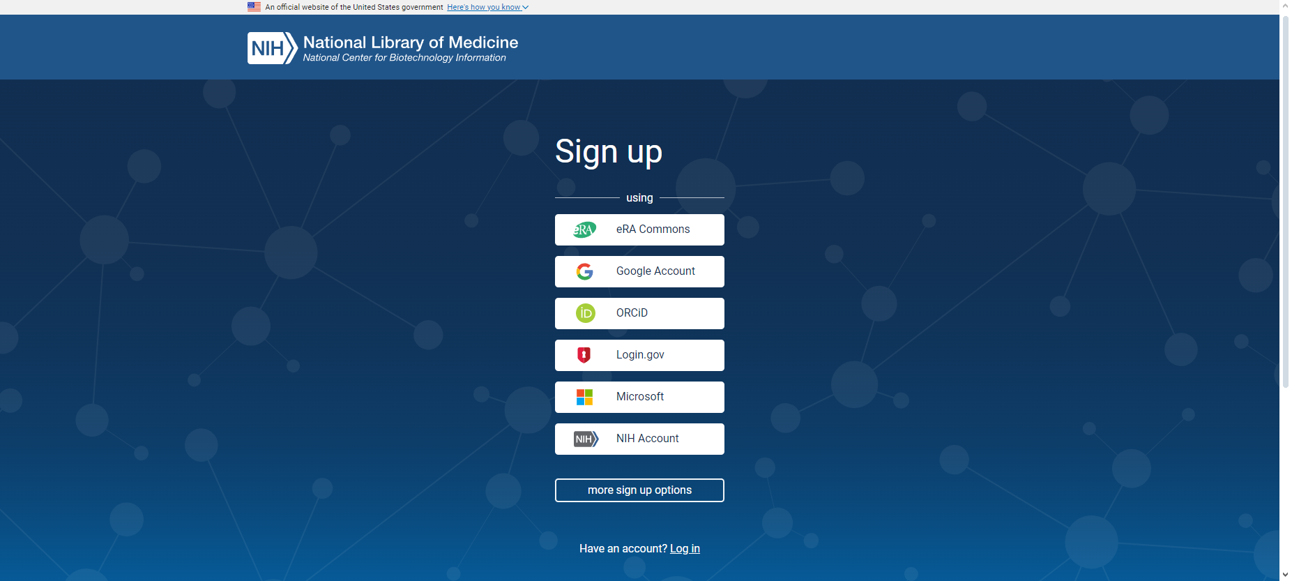 shows PubMed Sign up choices