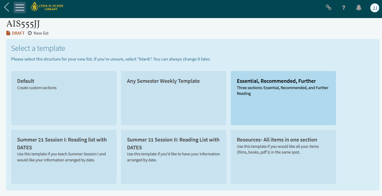 Select a reading list template.