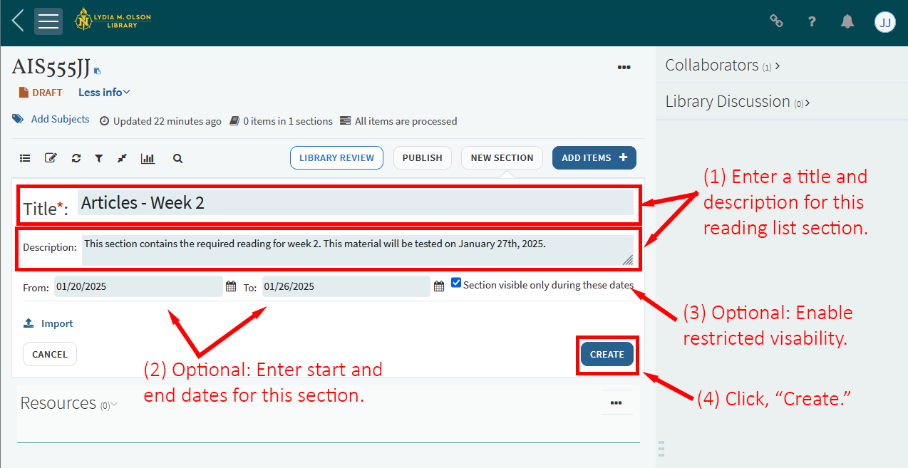 Provide a title and description for your reading list section, then click create.