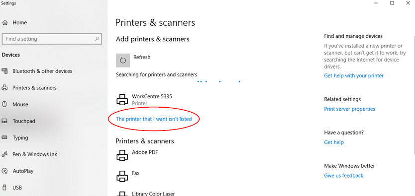 Windows screenshot of highlighted text reading "the printer that I want isn't listed".