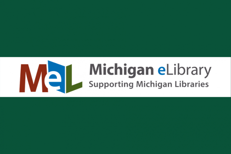 Green Background with white stripe; text "MeL" and "Michigan eLibrary Serving Michigan's Libraries"