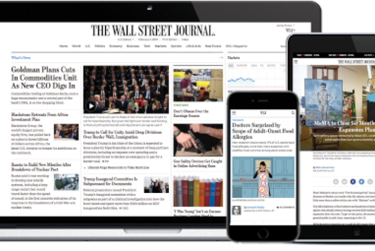 Wall Street Journal Online displayed on a laptop, tablet, and smart phone