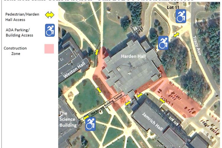 Map indicating walkways near Harden Hall.