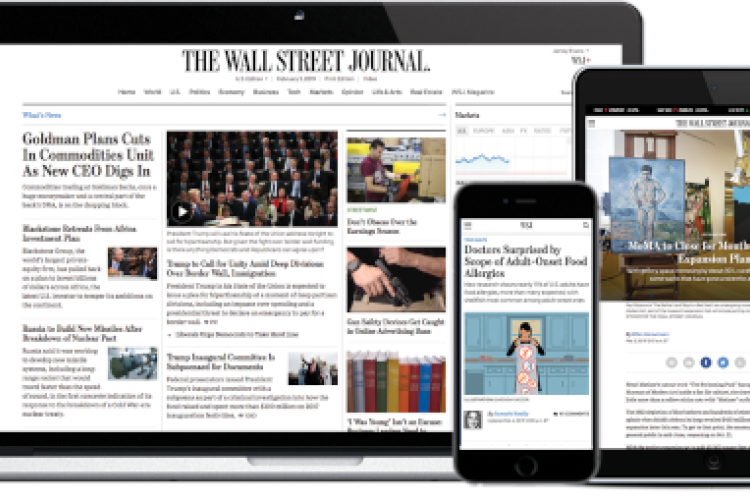 Wall Street Journal Online displayed on a laptop, tablet, and smart phone.