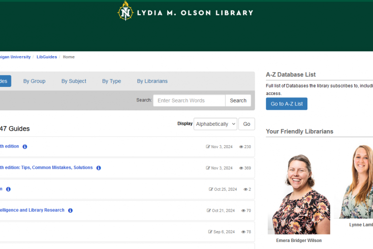 NMU LibGuides landing page screenshot.