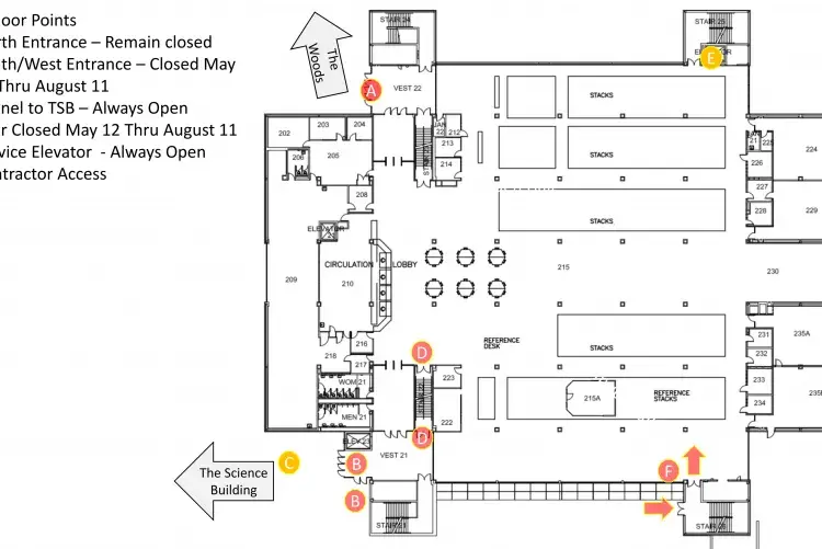 Library floor plan showing entrances, stairs, and elevator closures during summer 2025 work.