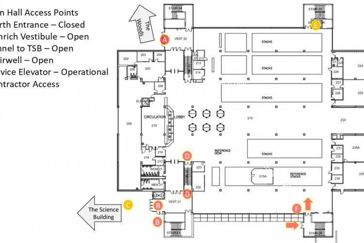 Harden main floor plan showing entrances, stairs, and elevator closures during fall 2025 work.