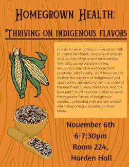 Flier for event with description of event and images of Maize & Wild Rice.