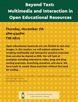 Beyond Text: Multimedia and Interaction in Open Educational Resources event flyer, complete content is in the page text.