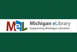 Green Background with white stripe; text "MeL" and "Michigan eLibrary Serving Michigan's Libraries"