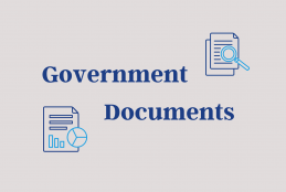 Images of pages with charts and magnifying glass; text "Government Documents"