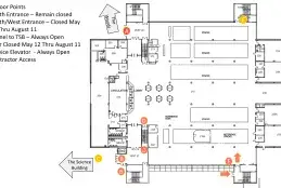 Library floor plan showing entrances, stairs, and elevator closures during summer 2025 work.