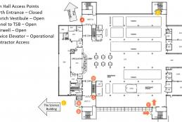 Harden main floor plan showing entrances, stairs, and elevator closures during fall 2025 work.
