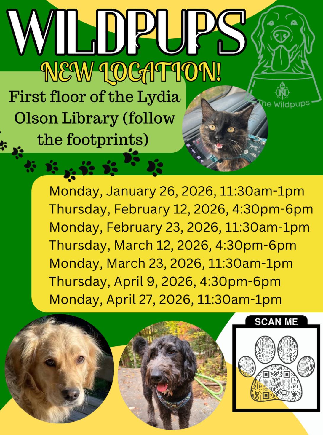 Flyer for wildpups at the library with location and times, listed on page.